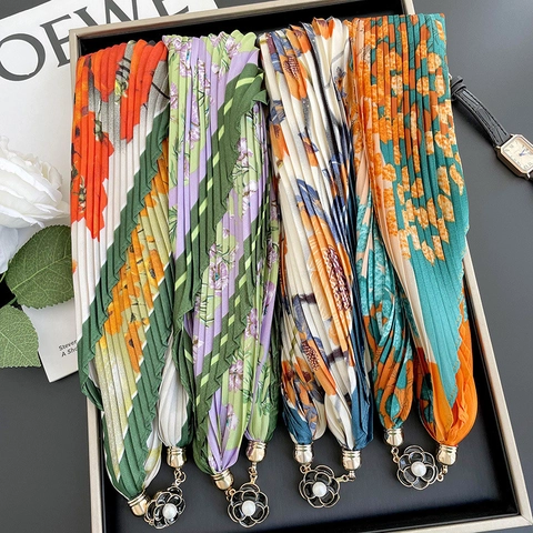 Elegant Pleated Polyester Neck Scarf For Women With Magnetic Camellia Buckle Printed Leopard Floral Geometric Scarf Necklace