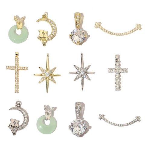 Ciondoli Gioielli Rame Placcato Oro 18K Zircone Gatto Luna Farfalla Stella Croce Charms Per Collana DIY