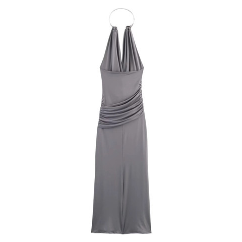 Elegantes Neckholder Maxikleid Satin Satin Polyester Metallring Wasserfall Ausschnitt Gerafft Rückenfrei Party Damen