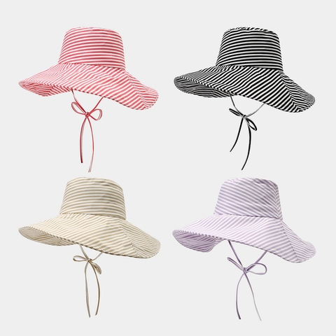 Striped Bucket Hat Polyester Wide Brim Sun Protection Foldable Summer Beach Travel Sun Hat With Windproof Strap For Women