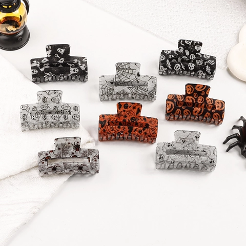 Halloween Haarklammer Quadratisch Kürbis Geist Spinnennetz Muster Glitzer Kunststoff Haarkrebs Damen Mädchen Festlich