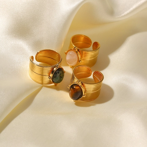 Bague Large Vintage En Acier Inoxydable Plaqué Or 18K Ajustable Avec Pierre Naturelle Ovale Pour Femmes Hommes