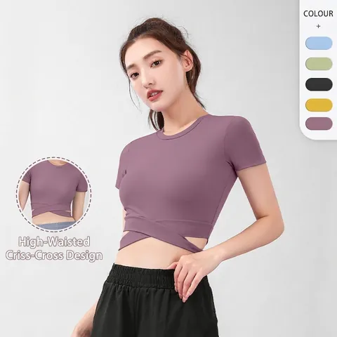 Top de Yoga para Mujer con Cintura Cruzada Sensación Desnuda Camiseta de Gimnasio de Manga Corta Secado Rápido Crop Top Deportivo
