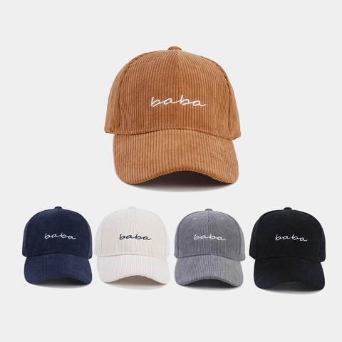 Corduroy Baseball Cap With Baba Letter Embroidery Curved Brim Adjustable Vintage Casual Sun Hat For Men Women