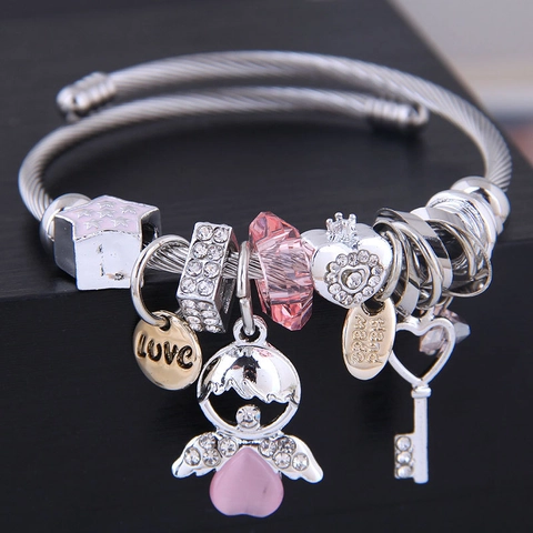 Adjustable Steel Wire Charm Bracelet With Angel Heart Key Pendants Rhinestone Beaded Jewelry For Women