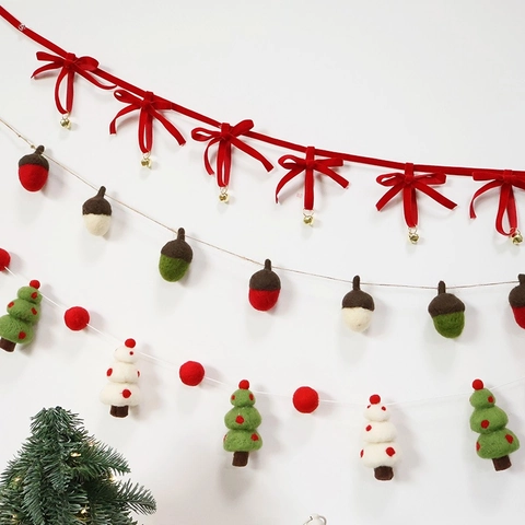 Guirnalda De Navidad Fieltro De Lana Adornos Colgantes Hechos A Mano Papá Noel Hombre De Jengibre Estrellas Calcetines Campanas Lazos De Terciopelo