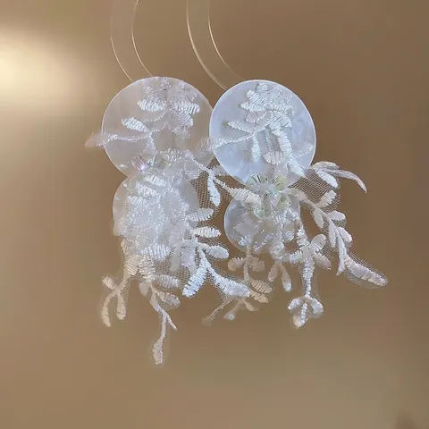 Pendientes De Gota De Flor Blanca Con Encaje Bordado Resina Y Poste De Plata Esterlina 925 Joyería Romántica