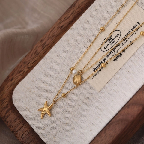 Double Layer Necklace Stainless Steel 18K Gold Plated Sea Star Shell Faux Artificial Pearl Pendant Ocean Summer Beach Jewelry For Women