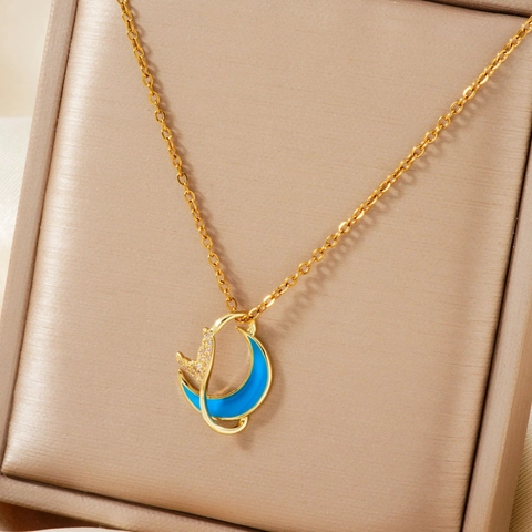 Collana con Pendente a Luna Blu in Acciaio Inossidabile Rame Strass Smalto per Donna Gatto Coda di Balena Collana Animale Gioielli