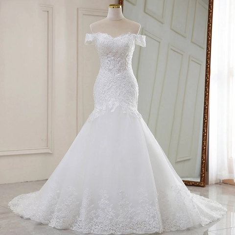 Elegant Off-The-Shoulder White Lace Embroidery Mermaid Wedding Dress With Long Train And Corset Back For Bride