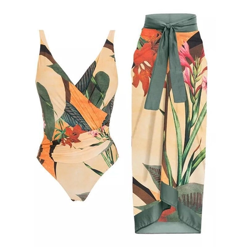 Women Monokini And Beach Cover Up Sarong Floral Print Polyester V Neck Backless Tie Shoulder Vacation