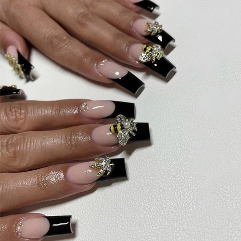 Französische Schwarze Spitze Coffin Press On Nails Mit 3D Goldener Biene Schlange Straßsteinen Luxus Lange Künstliche Nägel