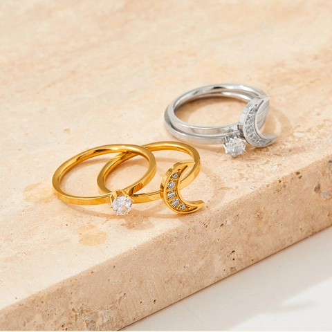 Mond Sichel Solitär Stapelringe Edelstahl Zirkonia Minimalistischer Modeschmuck Für Damen