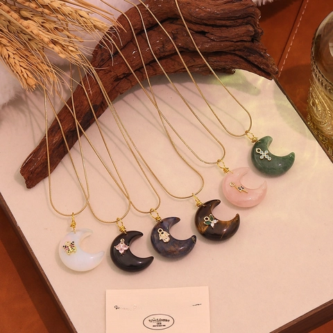 Collana Con Pendente A Mezzaluna In Pietra Naturale Catena A Serpente In Acciaio Inossidabile Farfalla Hamsa