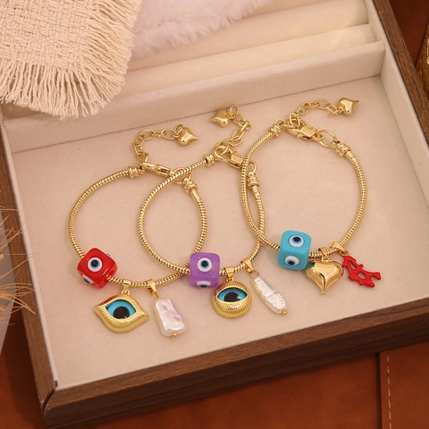 Bracciale Pendente Malocchio Rame Placcato Oro 18K Catena Serpente Perla Artificial Imitazione Smalto Gioielli Boho Per Donna