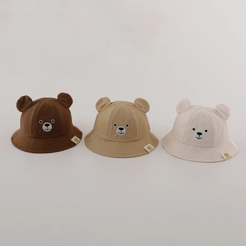 Cute Kids Bucket Hat Cotton Sun Protection With 3D Bear Ears Embroidery Cartoon Outdoor For Toddler Baby Infants