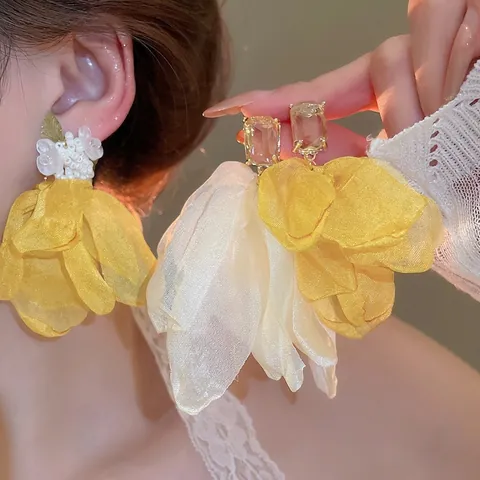 Fabric Flower Drop Earrings With 925 Sterling Silver Earring Post Organza Zircon Crystal Romantic Vacation Style Women