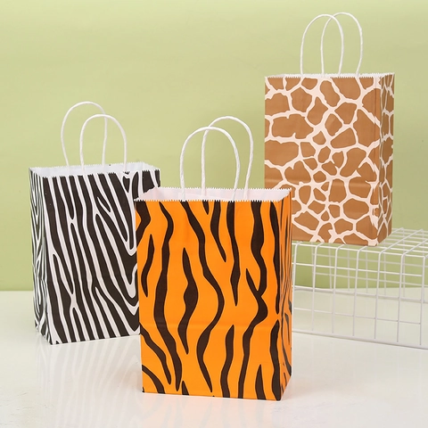 Sacchetti Regalo in Carta Kraft con Stampa Animale Fantasia Leopardata Zebra con Manici per Feste Compleanni Caramelle