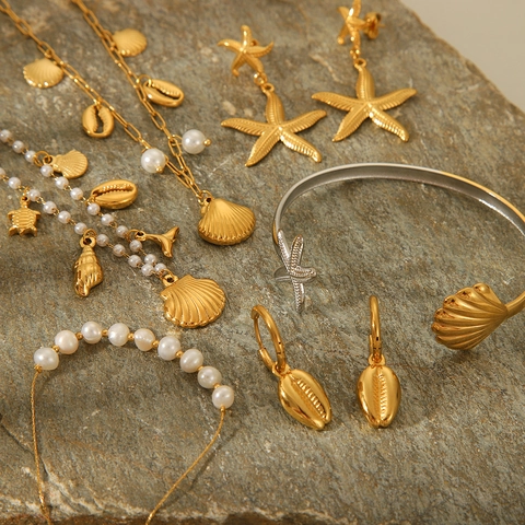 Oceaan Serie Zeester Schelp Roestvrijstalen Sieraden Met Kunstparels Zomervakantie Mode Sieraden Voor Dames