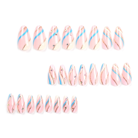 Unghie Finte A Mandorla Strisce Ondulate Rosa Blu Glitter Dorati Strass Unghie Artificiali Per Donne Eleganti