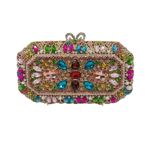 Luxury Evening Bag Rhinestone Encrusted Alloy Clutch Hard Shell Banquet Party Handbag With Detachable Chain For Women
