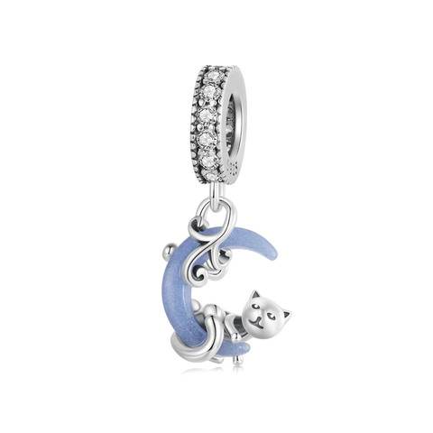 925 Sterling Silver Luminous Moon Cat Pendant Charm Zirconia Inlaid Glow In The Dark Stone DIY Jewelry Finding Accessory