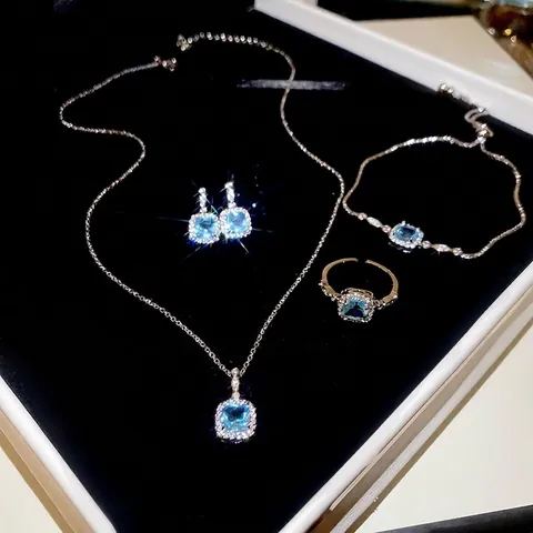 Collar Pendientes Anillo Pulsera Con Circonita Azul Color Plata Joyas De Cobre Para Mujer Con Pasador De Plata