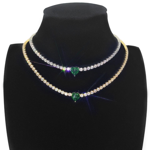 Collar con Colgante de Corazón Verde de Cobre Hip Hop para Mujer Cadena de Tenis Chapado en Oro 18K Joyería de Moda