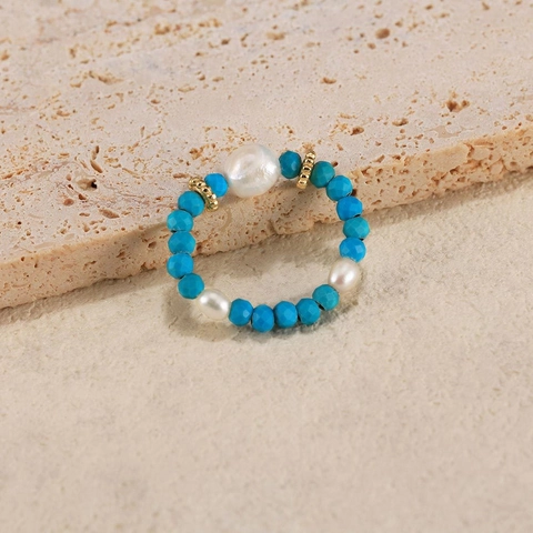 925 Sterling Zilver Kralen Ring Zoetwaterparel Turkoois 14K Verguld Elastisch Verstelbaar Bohemian Handgemaakte Sieraden