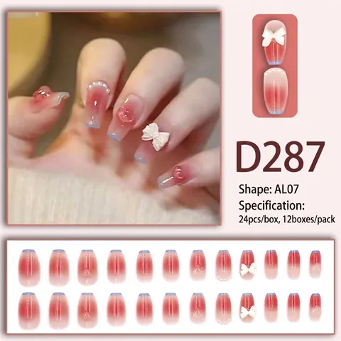 Sargnägel Zum Aufdrücken Rosa Farbverlauf Mit Weißer Schleife Künstliche Perle Herz Französische Blaue Spitze Maniküre Für Frauen