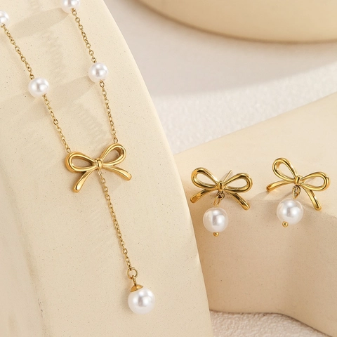 Elegant Bow Artificial Pearl Necklace And Stud Earrings Gold Plated Copper Jewelry For Women Wedding Bridal Party