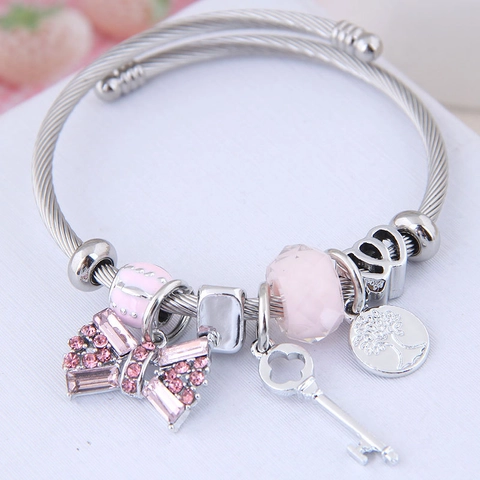 Tree Of Life Stainless Steel Open Cuff Bracelet For Women Alloy Rhinestone Bow Key Charm Beaded Bracelet Bangle Jewelry Gift