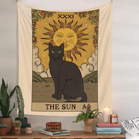 Katze Tarot Wandteppich Polyester Mystisch Böhmisch Retro Ästhetik Wandbehang Schlafzimmer Deko