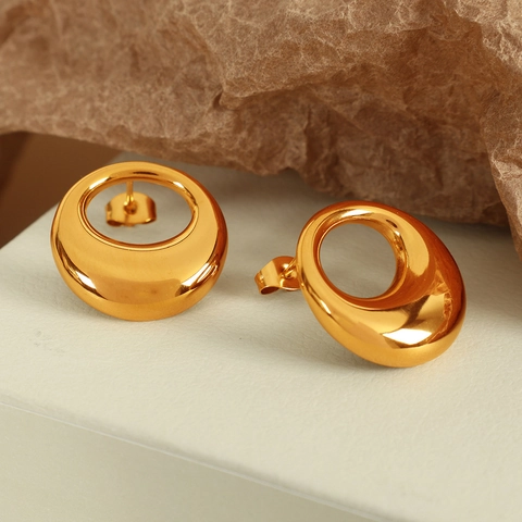 Boucles d'Oreilles Anneaux Creux en Acier Inoxydable Plaqués Or Style Français Minimaliste Géométrique Forme O Bijoux pour Femmes