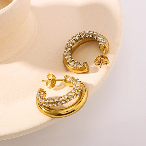 C-Shape Hoop Earrings 18K Gold Plated Stainless Steel Rhinestone Encrusted Twist Texture Geometric Trendy Jewelry Women