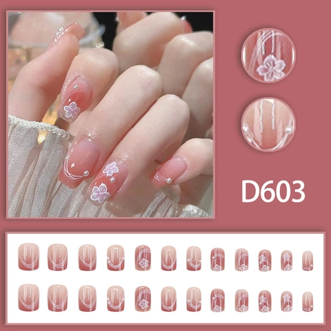 Pink Gradient Press On Nails With White Cherry Blossom And Artificial Pearl Decor Short Square Sweet Elegant Style For Women