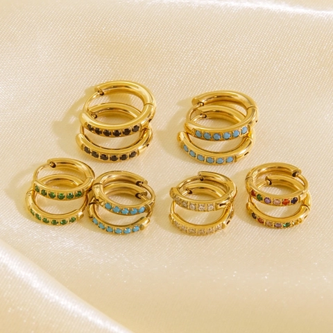 Stainless Steel Huggie Hoop Earrings Gold Plated Micro Inlaid Colorful Cubic Zirconia Minimalist Jewelry For Women
