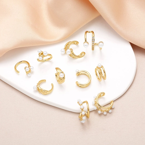 Minimalista Orecchino a Clip in Rame Placcato Oro Doppio Strato Con Perla Artificiale Strass Per Donna Gioielli Moda Geometrici