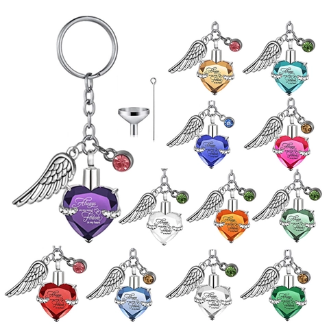 Heart Angel Wing Cremation Urn Keychain Stainless Steel Memorial Ash Holder Keepsake Crystal Pendant Jewelry For Human Pet