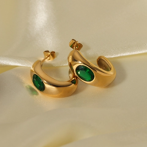 C-Shaped Hoop Earrings 18K Gold Plated Stainless Steel With Green Zircon Geometric Vintage Minimalist Jewelry For Women
