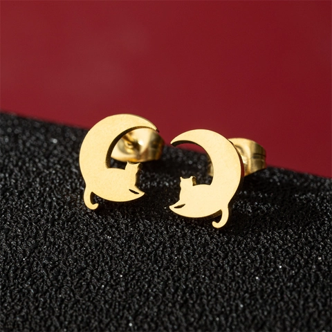 Pendientes De Botón Gato Acero Inoxidable Lindo Minimalista Animal Luna Gatito Silueta Joyas Para Mujeres Niñas