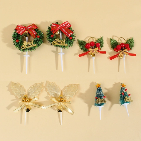 Decorazione Per Torta Di Natale Mini Albero Corona Foglia Di Agrifoglio Con Campana Plastica Tessuto Festa