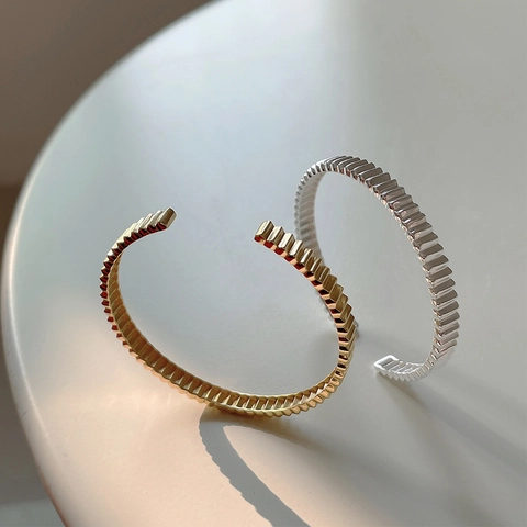925 Sterling Silver Bangle Pleated Vertical Texture Open Cuff Bracelet Minimalist Irregular Adjustable Jewelry Women