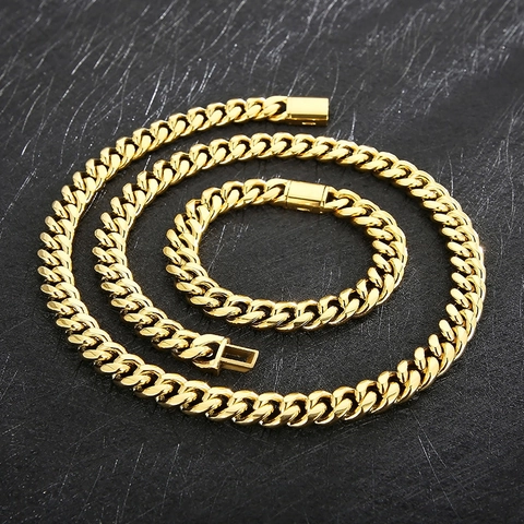 Collar Y Pulsera De Eslabones Cubanos Para Hombre Acero Inoxidable Pulido Estilo Hip Hop Punk Joyería Oro Acero