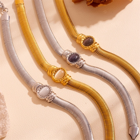 Vintage Stainless Steel Cat Eye Stone Wide Chain Bracelet For Women Elegant Gold Silver Plated Snake Bone Chain Fashion Jewelry Gift