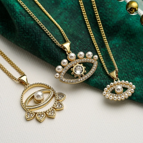 Collana Con Ciondolo Malocchio Rame Placcato Oro Con Zircone E Perla Artificial Ciondoli A Cuore Gioielli Eleganti Per Donna