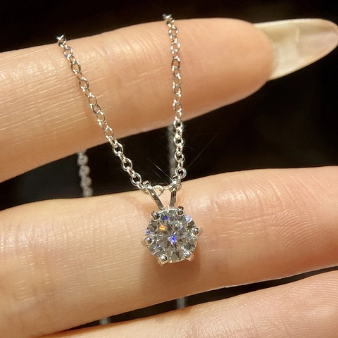 Moissanite Necklace Round Brilliant Cut Six Prong 925 Sterling Silver Pendant Elegant Jewelry For Women