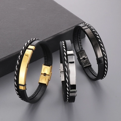 Men Braided Leather Bracelet With Stainless Steel Curved Plate Multilayer Cord Fashion Wristband Jewelry