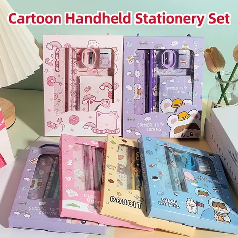 Kids Cartoon Stationery Case With Pencils Ruler Eraser Sharpener And Notebook For School Supplies Portable Handbag Style
