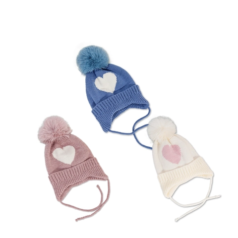Kids Winter Knit Hat With Heart Pattern Acrylic Ear Protection Beanie With Pompom And Tie Strap Warm For Boys Girls